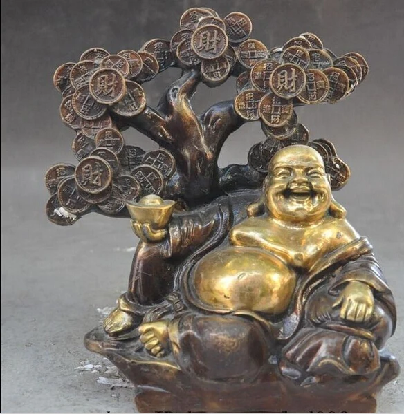 ZSR 1018 + китайский буддийский Joss бронзовый позолоченный yuanbao Money tree богатство Maitreya