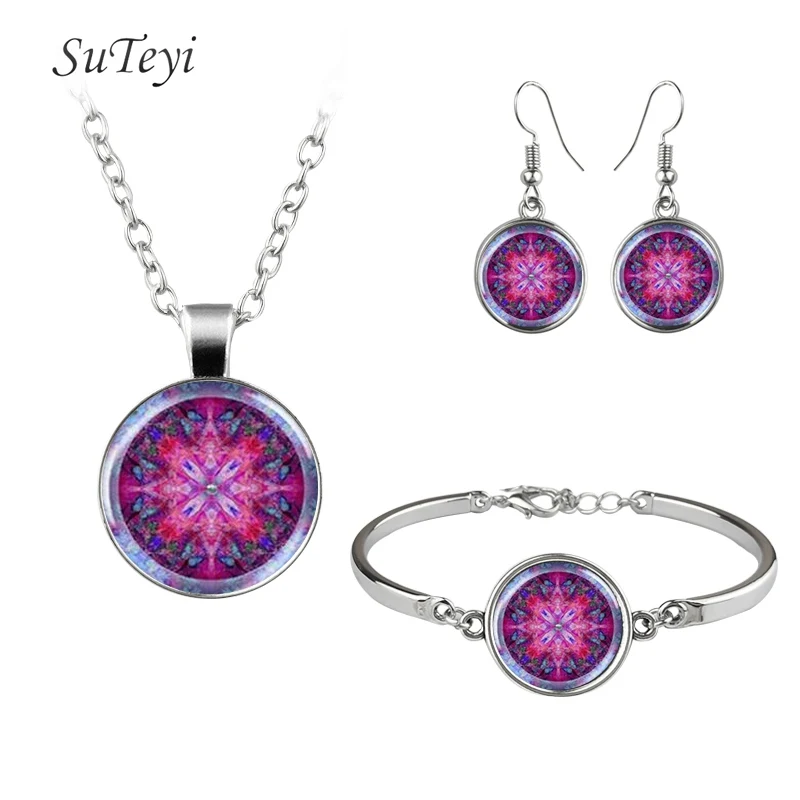 SUTEYI, модное ожерелье, серьги, браслет, ювелирный набор, мандала, цветок, хрустальное ожерелье, s, круглые стеклянные серьги, художественное изображение, браслеты - Окраска металла: 10