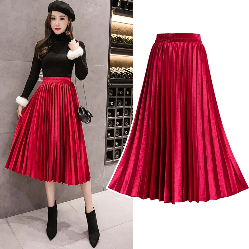2018 Зимние женщины Элегантные Плиссированные Юбка Эластичные высокой талии