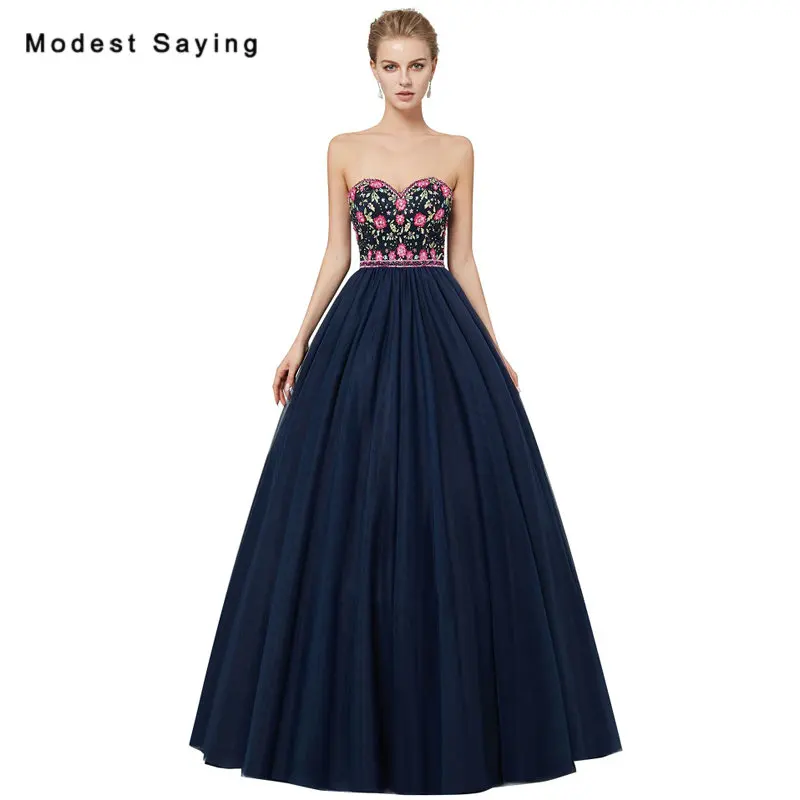 

Real Photo Sexy Navy Blue Ball Gown Beaded Embroidery Evening Dresses 2018 Red Engagement Party Prom Gowns robe de soiree longue