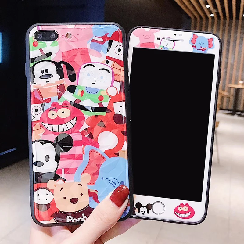 360 Full Cover Mickey Diamond Phone Case + Screen Protector Glass for IPhone X 8 7 6 6S Plus Stitch Anpanman Cute Coque |