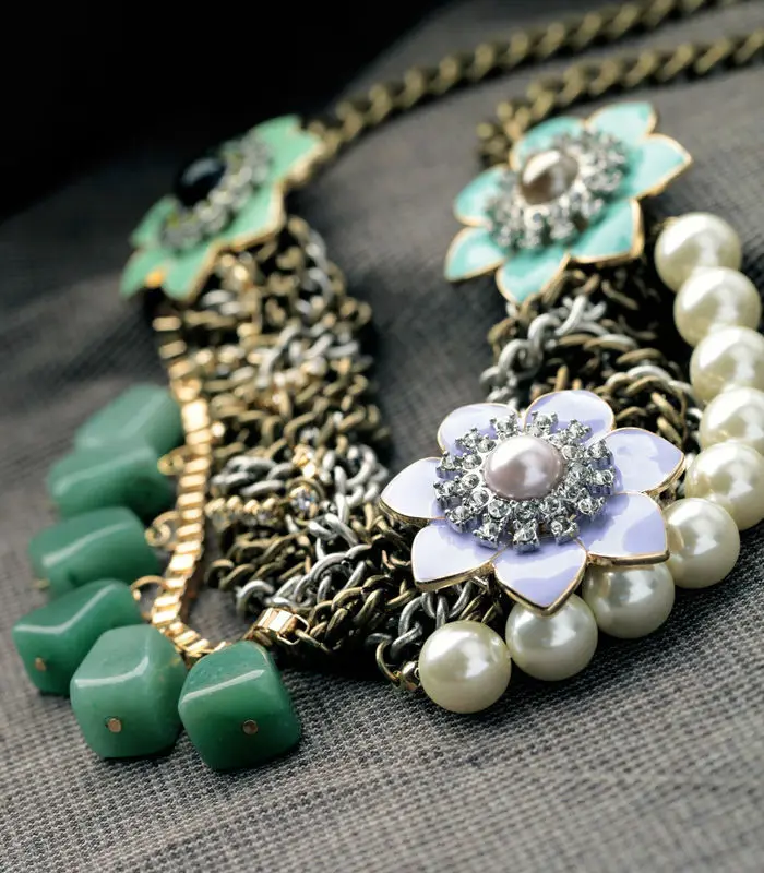 Bulk Price 2014 New Design Exaggerated Women Resin Glass Stone Flower Shiny Gold Color Simulated Pearl Choker Necklace | Украшения и