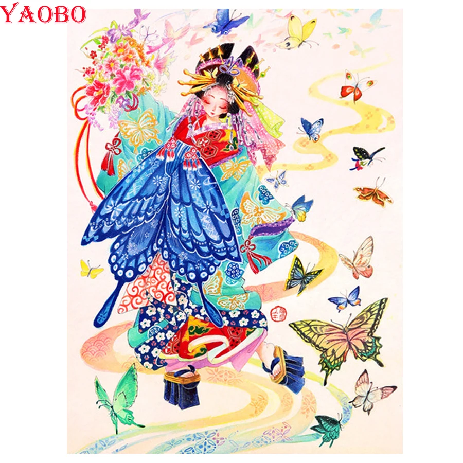 

5d алмазная живопись «сделай сам», Японская женщина, Полный Круглый квадратный набор алмазной мозаики, алмазная вышивка, Бабочка, девочка, де...