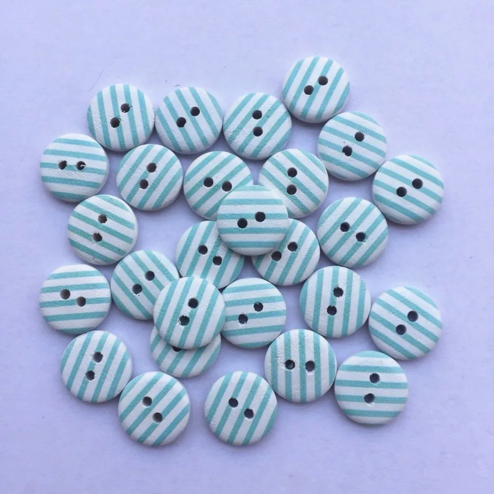 100 шт. 15 мм светло розовые/синие деревянные пуговицы в полоску с 2 отверстиями