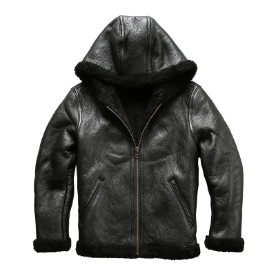 black with hood 8009 европейский размер, высокое качество, супер теплая Натуральная овечья кожа, мужская куртка, большой размер, B3, овчина, Бомбер, военный мех, куртка - Цвет: black with hood