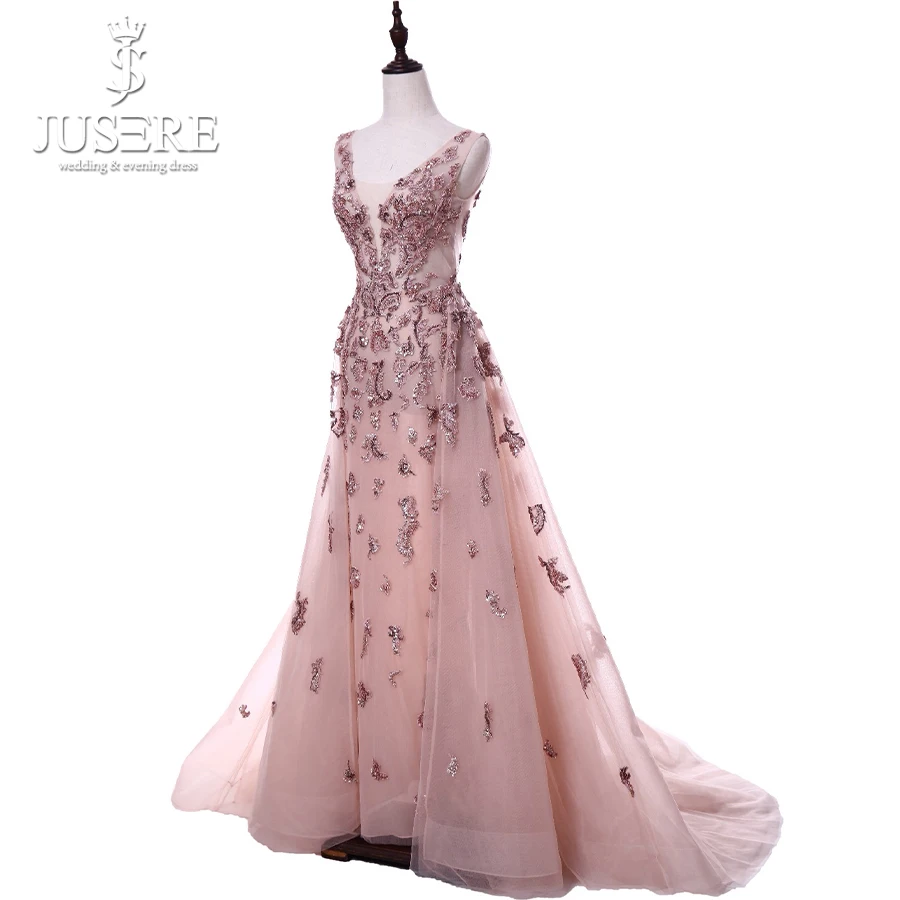 V-Neck Beads Bodice Open Back A Line Long Evening Dress Party Elegant Vestido De Festa Carnation Fast Shipping Prom Gowns