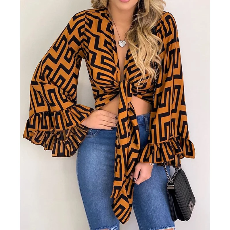 Женская блузка с длинными рукавами и v-образным вырезом Пляжная завязками