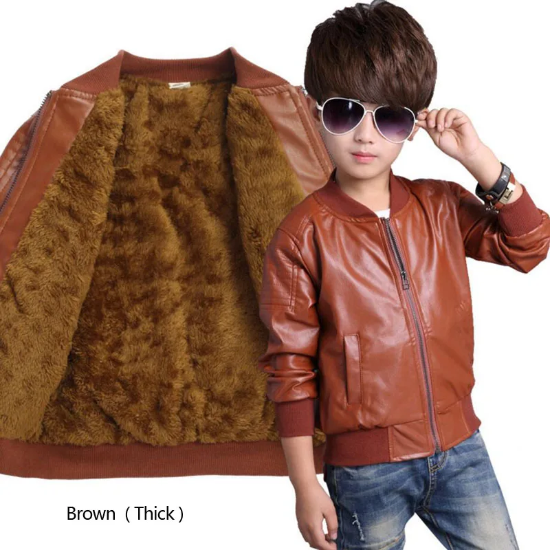 brown thick jacket Детская одежда; кожаная куртка для маленьких мальчиков; Детские Модные Плотные куртки с круглым вырезом на осень-зиму; пальто для мальчиков; детская зимняя одежда - Цвет: brown thick jacket
