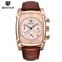 relogio masculino benyar watches fashion gold silver rectangle business dress quartz wristwatches leather calendar clock for men