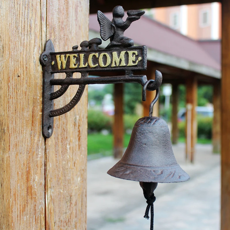 

Black Angel Cast Iron Hand Cranking Wall Bell With Gold Welcome Signs European Home Garden Decor Hand Cranking welcome Door Bell