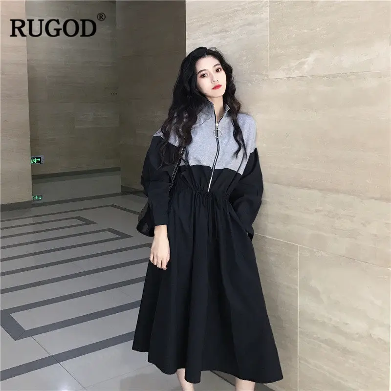 RUGOD осеннее платье женское миди однотонное со стоячим воротником 2019 модная