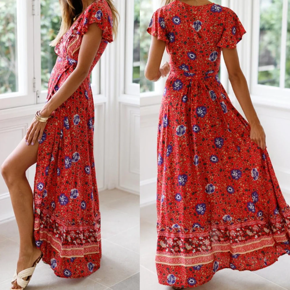 Новинка Платье макси с цветочным принтом женское бохо для вечеринки летнее
