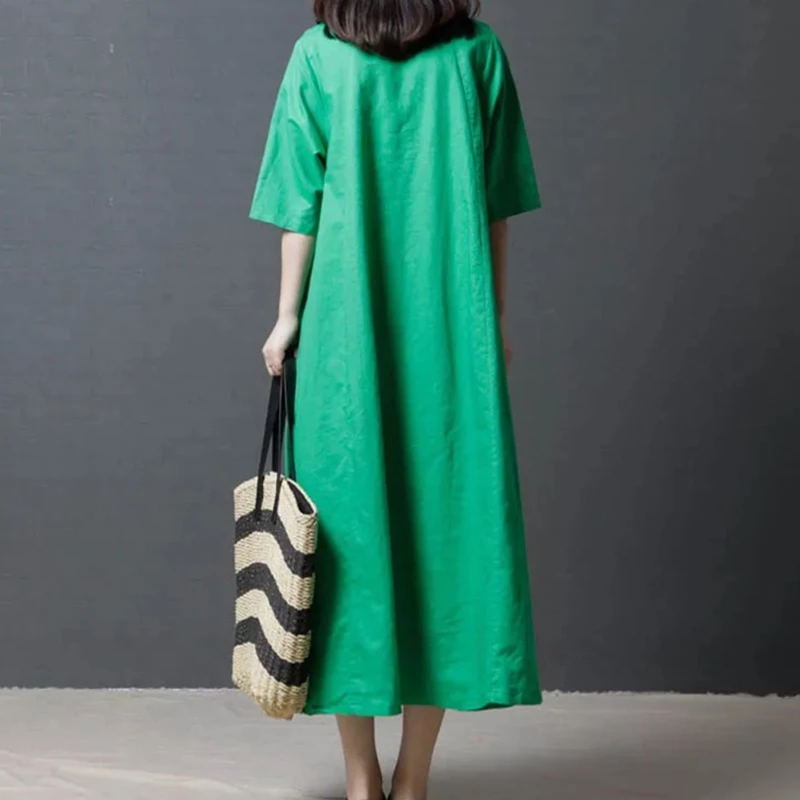 

Plus Size M-2XL 2020 Folk Style Spring Summer Embroidery Women Full Dress Cotton Linen Casual Big Size Lady Long Dress Vestidos