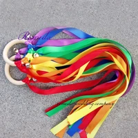 free shipping rainbow color stain ribbon wooden ring waldorf ribbon with bell hand kite toy fly me birthday party favors
