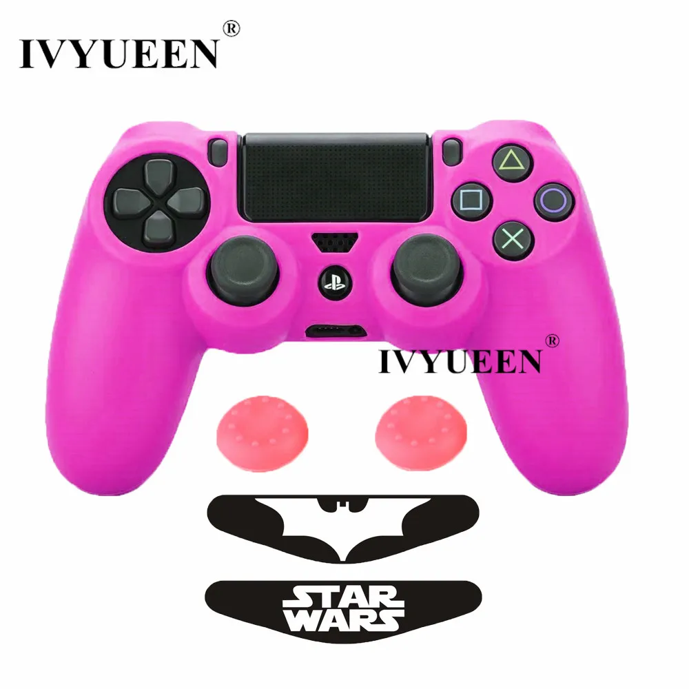 Розово-красный IVYUEEN 5 в 1 для Dualshock 4 PS4 Pro тонкий контроллер силиконовый гелевый Чехол для кожи+ палки с захватом для большого пальца+ 2 светодиодный стикер - Цвет: Розово-красный