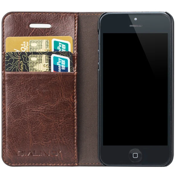 Qialino Card Holder Genuine Flip Wallet Leather Case Cover For Apple iPhone 5S 5 Black | Мобильные телефоны и аксессуары