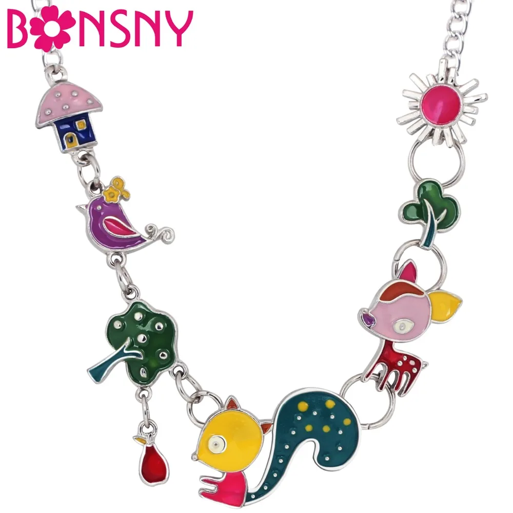 

Bonsny Enamel Alloy Squirrel Bird Deer Necklace Pendant Choker Cartoon Animal Jewelry For Women Girls Teens Birthday Gift Bijoux