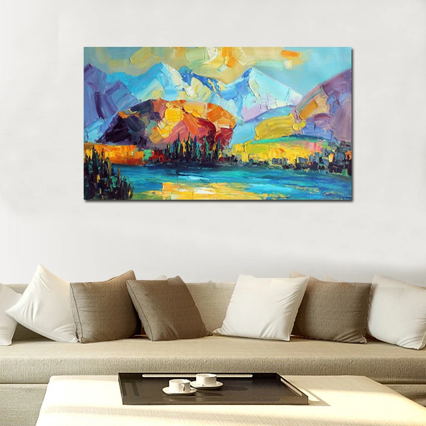 Hand painted mountain landscape oil painting modern abstract colorful village scenery on canvas home decor | Дом и сад