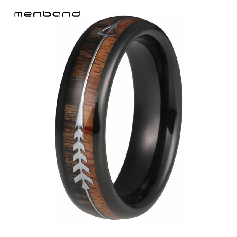 

6MM Black Tungsten Carbide Rings for Women Men Nature Wood Arrow Inlay Wedding Bands Polished Shiny