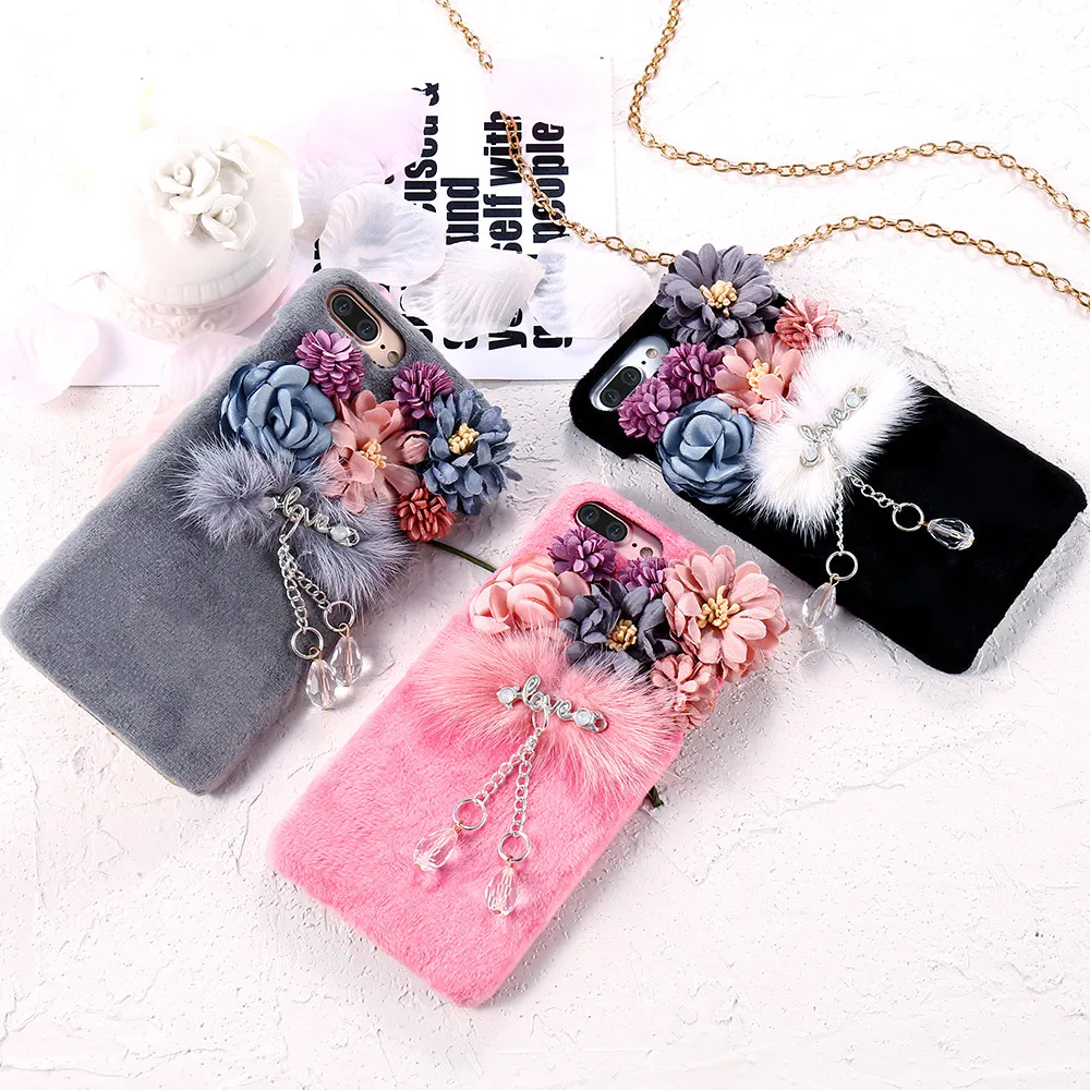 KISSCASE Luxury 3D Flowers Fur Cases Cover For iPhone 7 7Plus Phone Lovely Korean Back Apple 6 6S Plus |