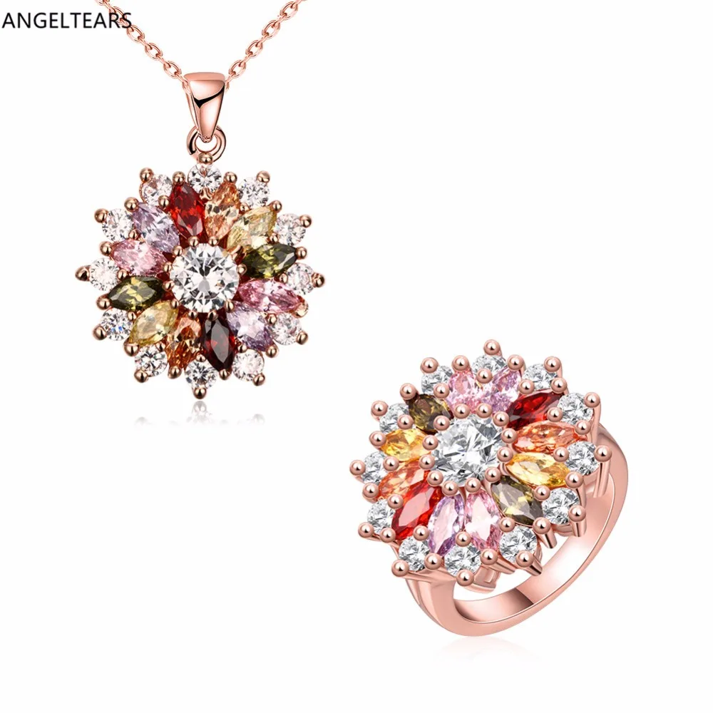 Роскошный розовый золотой цвет AAA подвеска в виде циркониевого цветка ожерелье и