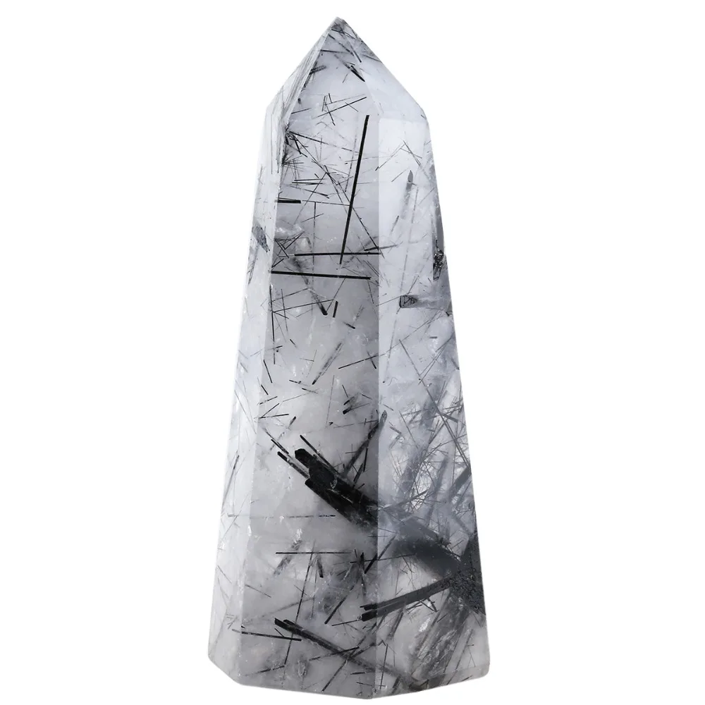 TUMBEELLUWA 1Pc Black Rutilated Quartz Healing Crystal Point Faceted Prism Stone Reiki Figurine Decoration