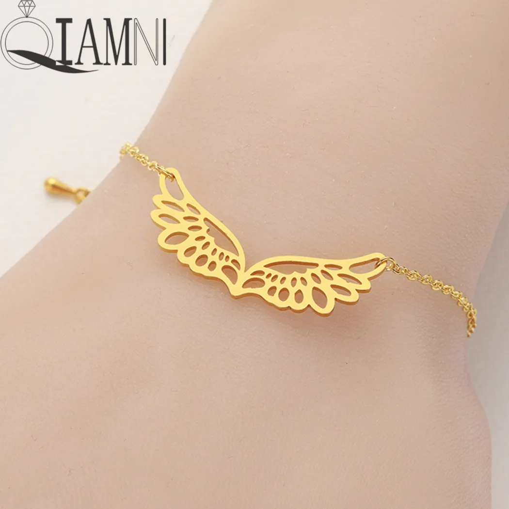 Браслет манжета QIAMNI ручной работы с цепочкой в виде ангельских крыльев для