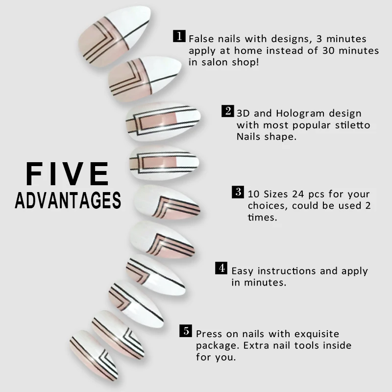24 шт острые накладные ногти с дизайном полное покрытие белые советы нажмите на ABS