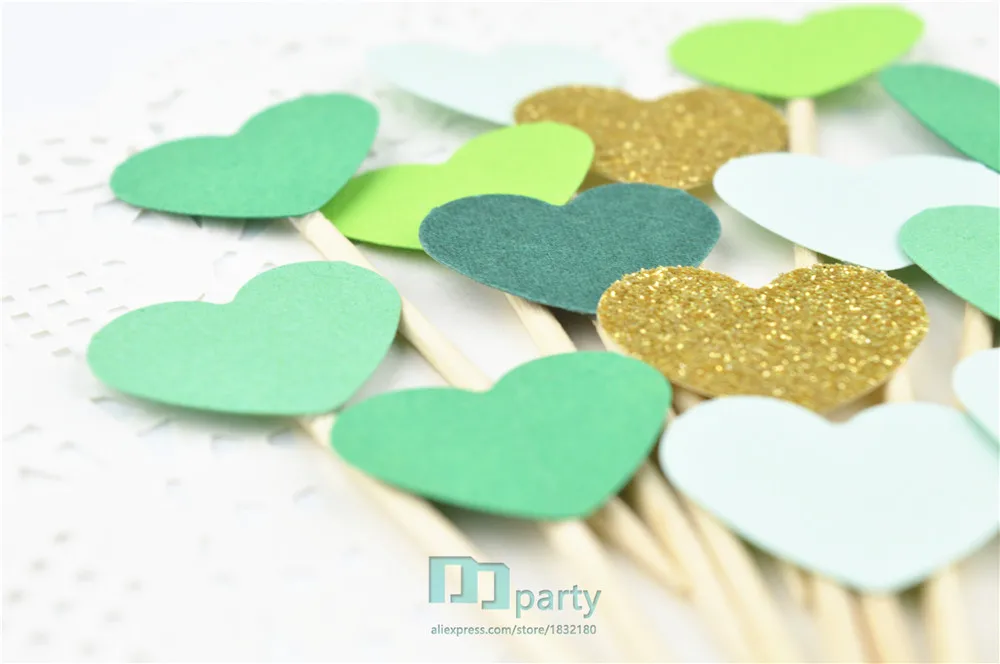 40 шт. блестящие золотые зеленые сердца топперы для кексов свадебная еда