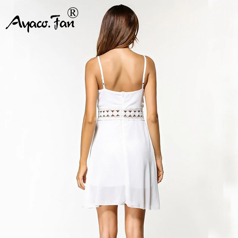Hollow Out Waist Dress New Spaghetti Strap Sexy Backless Summer Dresses Fashion V-neck Patchwork Lace White Party Sundress | Женская