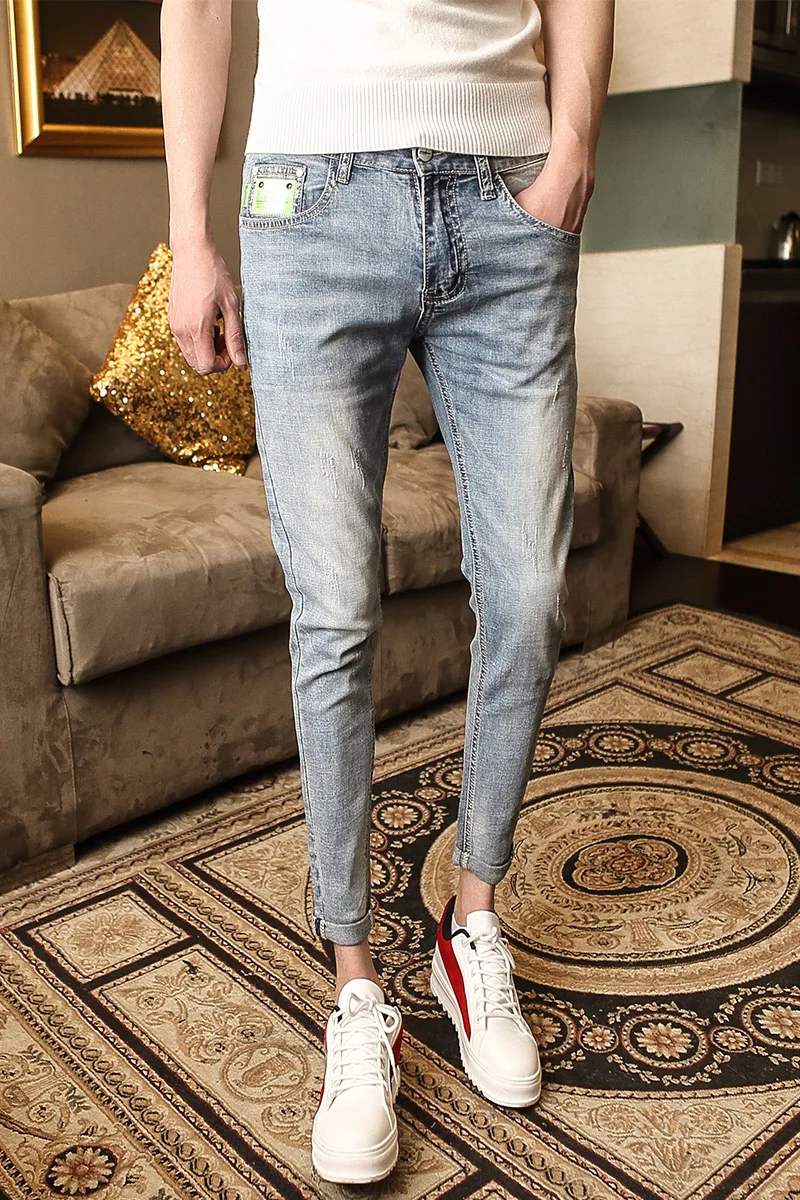 Новинка лета 2019 Корейская версия простых мужских тонких узких джинсов