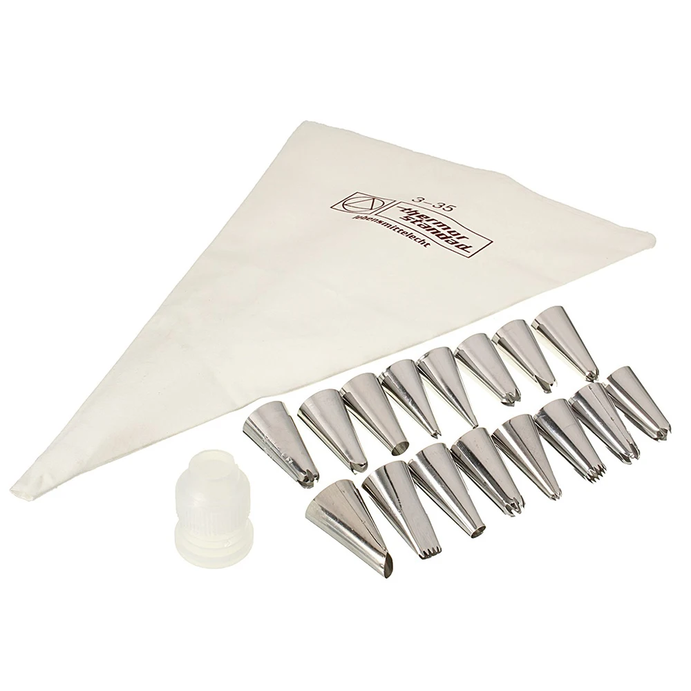 

18PCS/Set Cotton Icing Piping Cream Pastry Bag + 16 Stainless Steel Nozzle Set +1 Converter DIY Cake Decorating Cake Tools