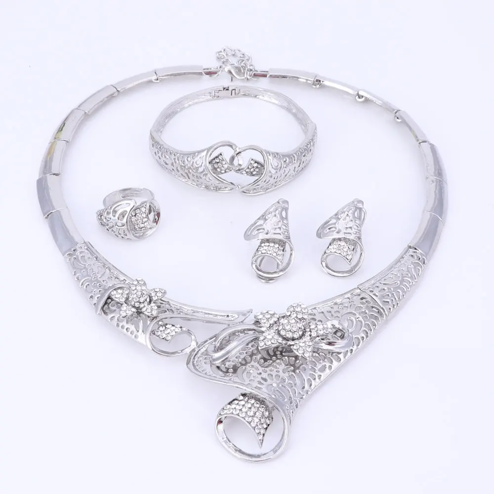 Модные Дубай хрустальные стразы в виде цветка ожерелье наборы посеребренные