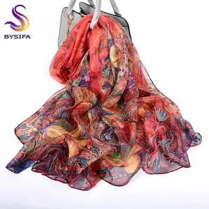 Женский длинный шелковый шарф BYSIFA, черный пляжный шаль с цветочным принтом Феникса, длинный шарф из 100% шелка, 180*110 см, для осени и зимы