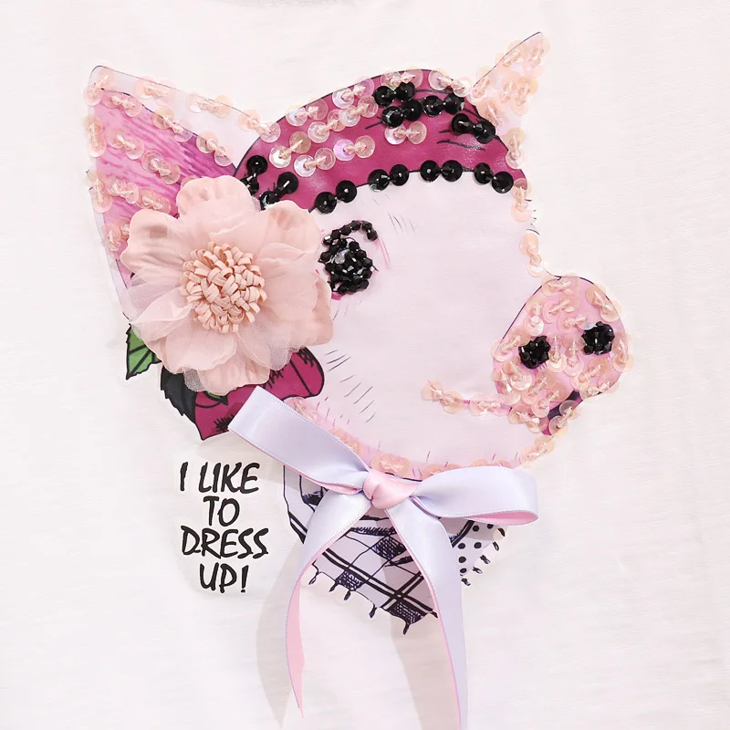 Футболка женская мода 2019 летний топ новый вышитое Блестящим Бисером мультфильм