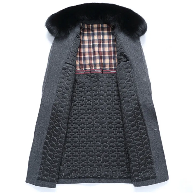 2018 autumn winter men's fashion cotton and thickening coats high-end leisure fox fur collar pure color in the long wool coat | Мужская