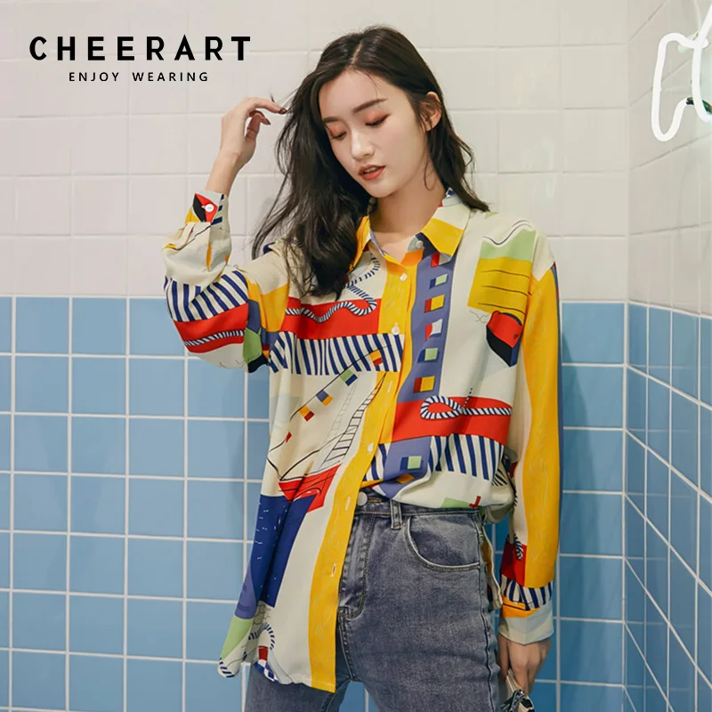 Женские топы и блузки Cheerart с абстрактным принтом цветная рубашка длинным рукавом