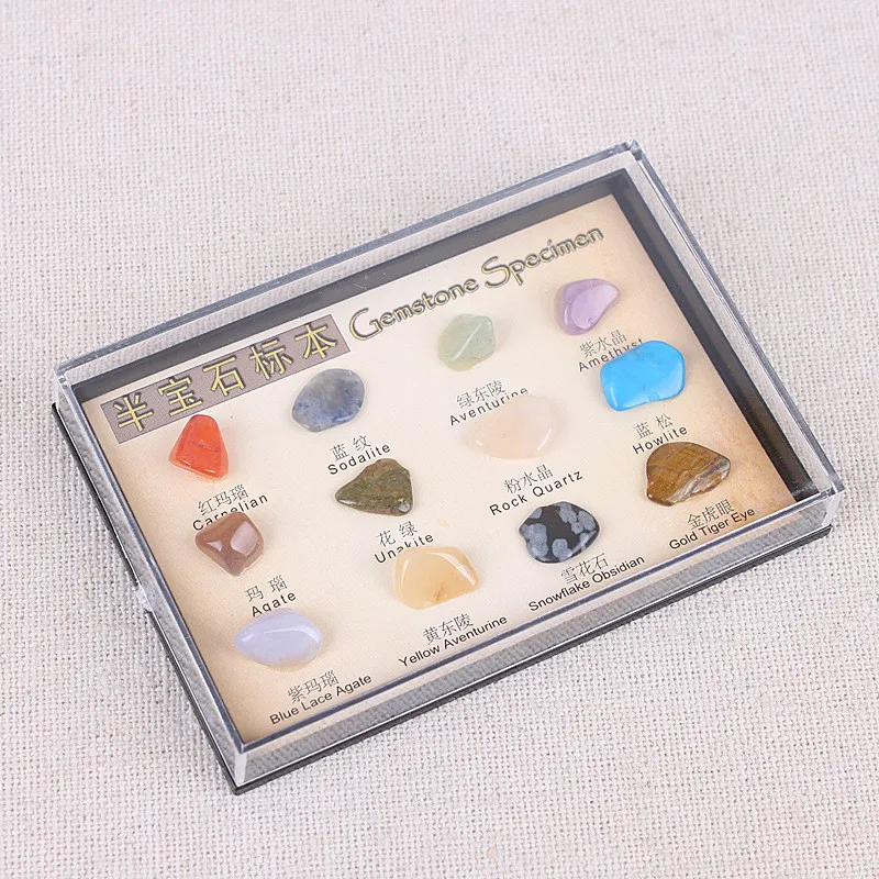 

12pcs/set Specimen Natural Crystal Box Tumbled Stone Ore Specimen Mineral Ore English Teaching Materials Collection