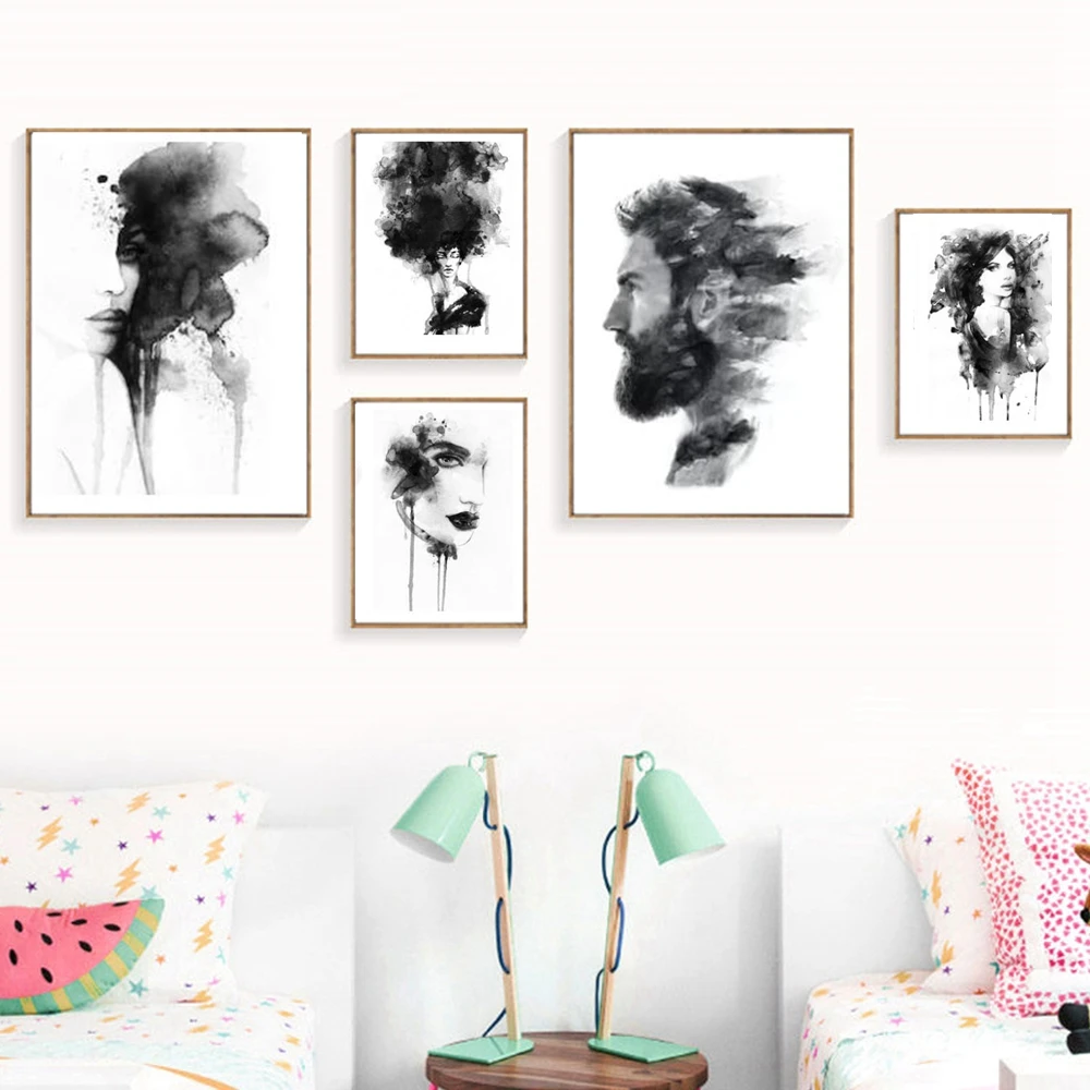 

Black and White Portrait Painting Canvas Prints Watercolor Abstract Wall Art Poster Fashion Woman Pictures Room Home Wall Decor