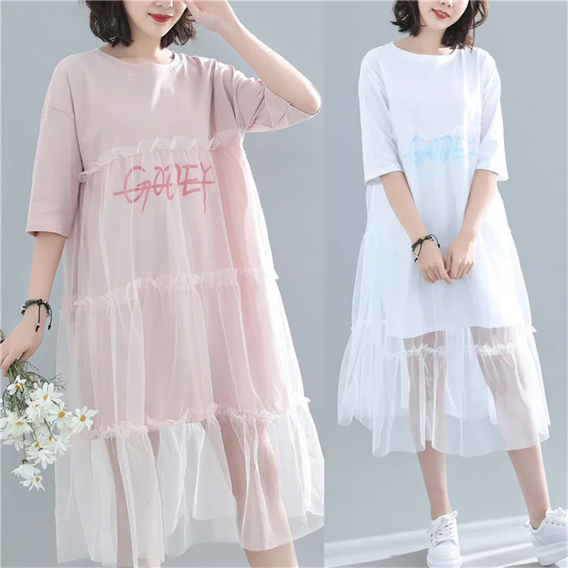 2019 Лето литературный Большие размеры Для женщин Сетчатое платье шить с коротким