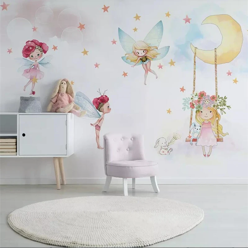 beibehang Nordic modern minimalist hand-painted cute elf girl children's room background wall custom large mural green wallpaper |