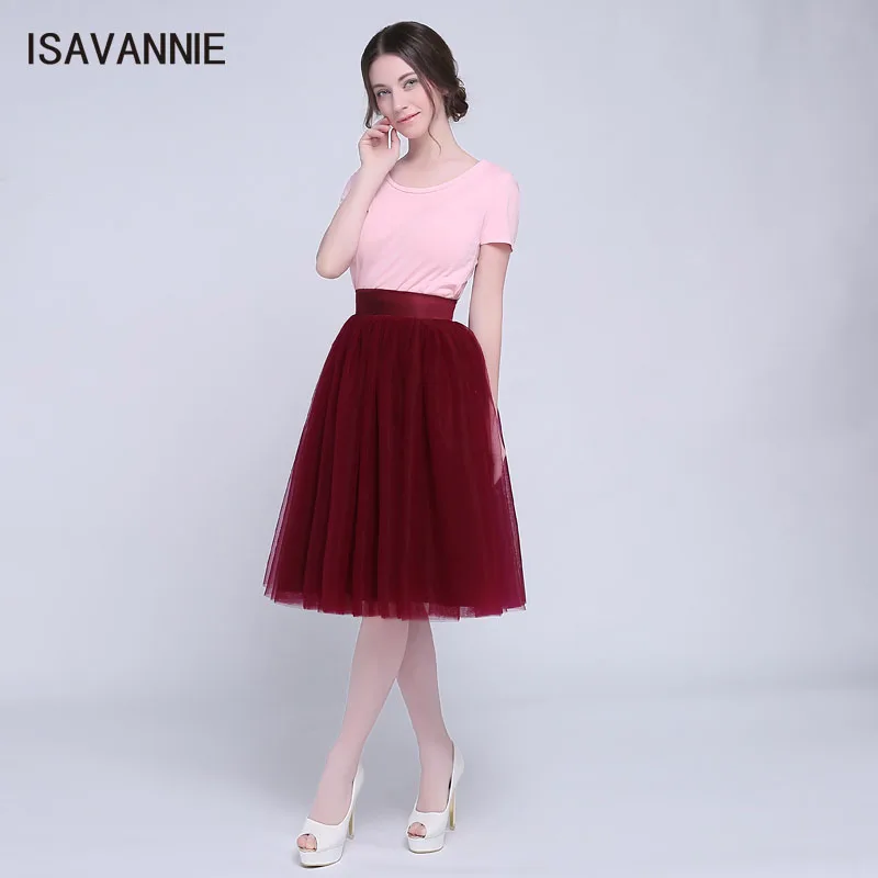 Isavannie Элегантный бордовый 5 слоев мягкой длинное Тюлевая юбка Скрытая молния
