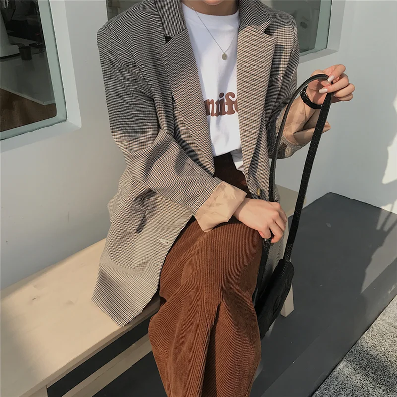 

2020 Vintage Single Breasted Office Ladies Plaid Blazer Long Sleeve Loose Suit Coat Jacket Women Blazers Female