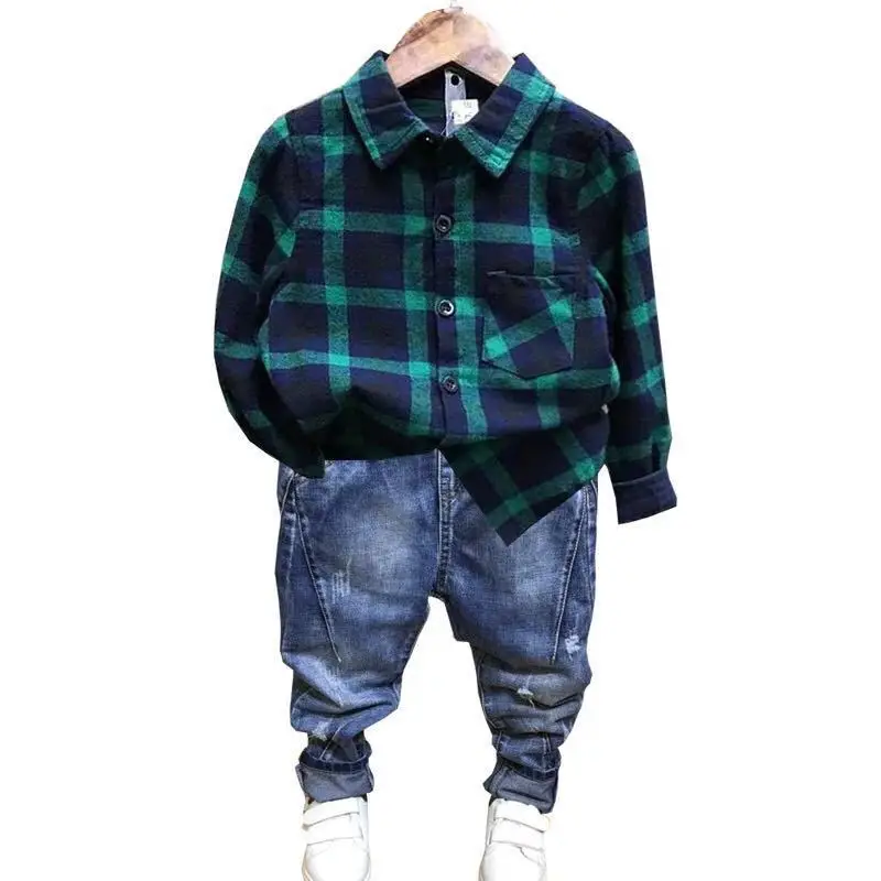 

2PCS WLG boys clothes kids plaid green shirt and denim blue jean clothing set baby casual clothes children