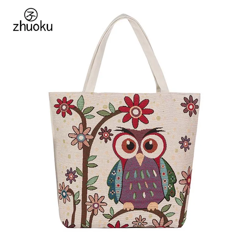 Environmental Tote bag reusable shopping Embroidery owl Canvas fabric Women Shoulder shopper bolsa tela T46 | Багаж и сумки