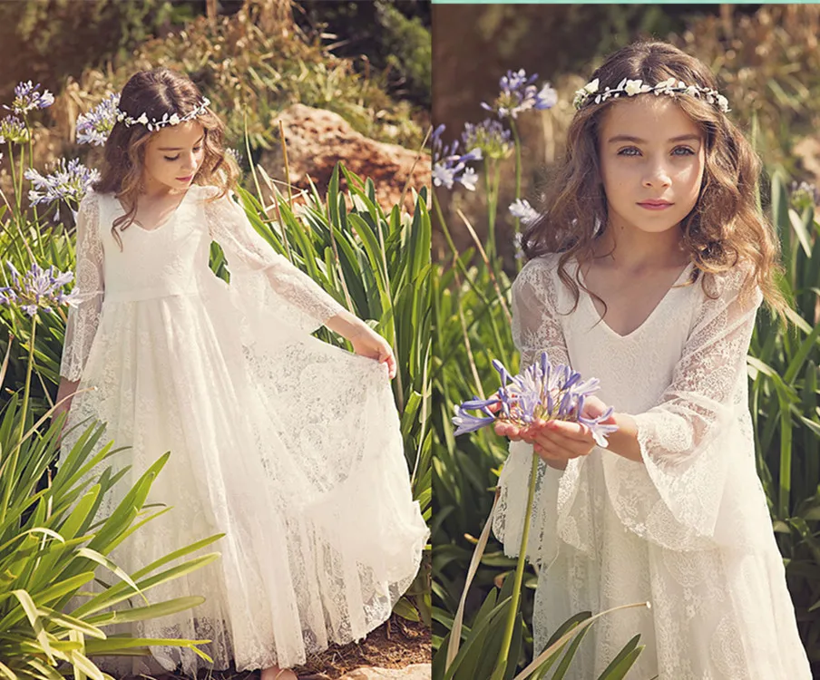 

Boho First Communion Dress A-Line Long Sleeves Lace Back Zipper Flower Girl Dresses Vestido Daminha Casament