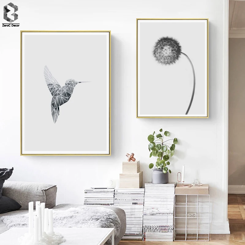 Скандинавская птица цветок настенный постер на холсте печать черный белый