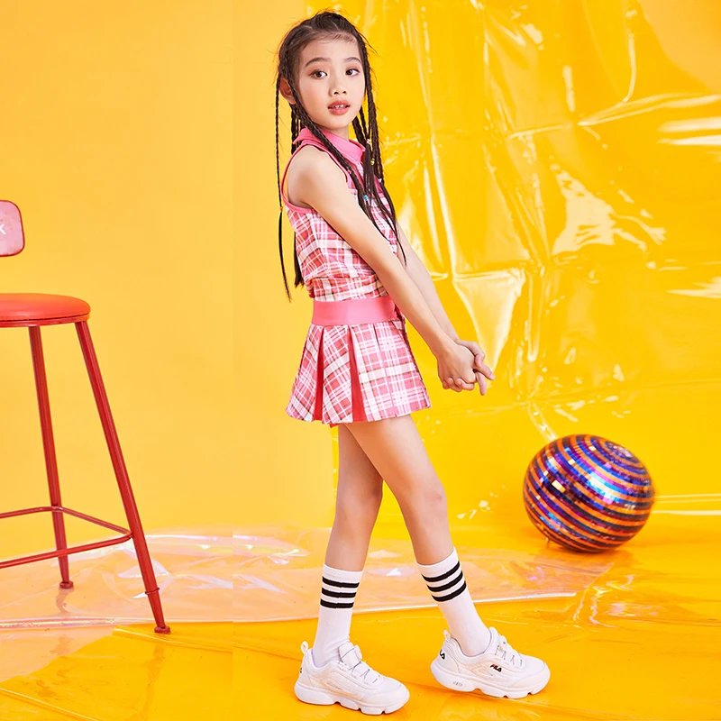 

Jazz Stage Costumes Girls Pink Tops Skirts Cheerleader Costume Kids Hip Hop Performance Clothing Modern Dancing Wear DNV11374