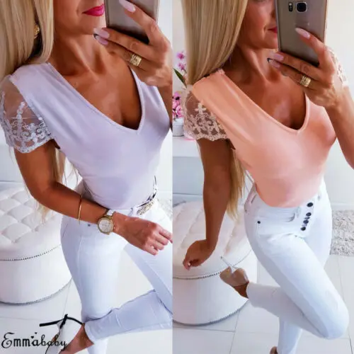 Хит сексуальные женские летние топы кружевные с v образным вырезом Модный