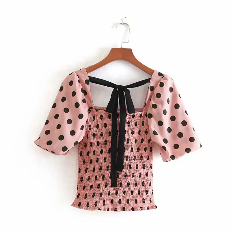 2019 красивые женские квадратным воротником в горошек с принтом эластичная блузка